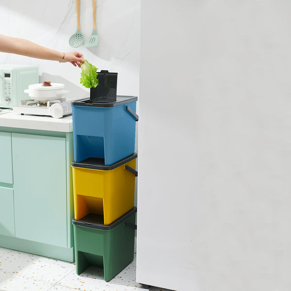 Juego de 3 Contenedores Apilables para Reciclaje de 20 L BERGEN Contenedores de Clasificación Selectiva de Plástico, Colores Amarillo, Azul, Verde y Gris