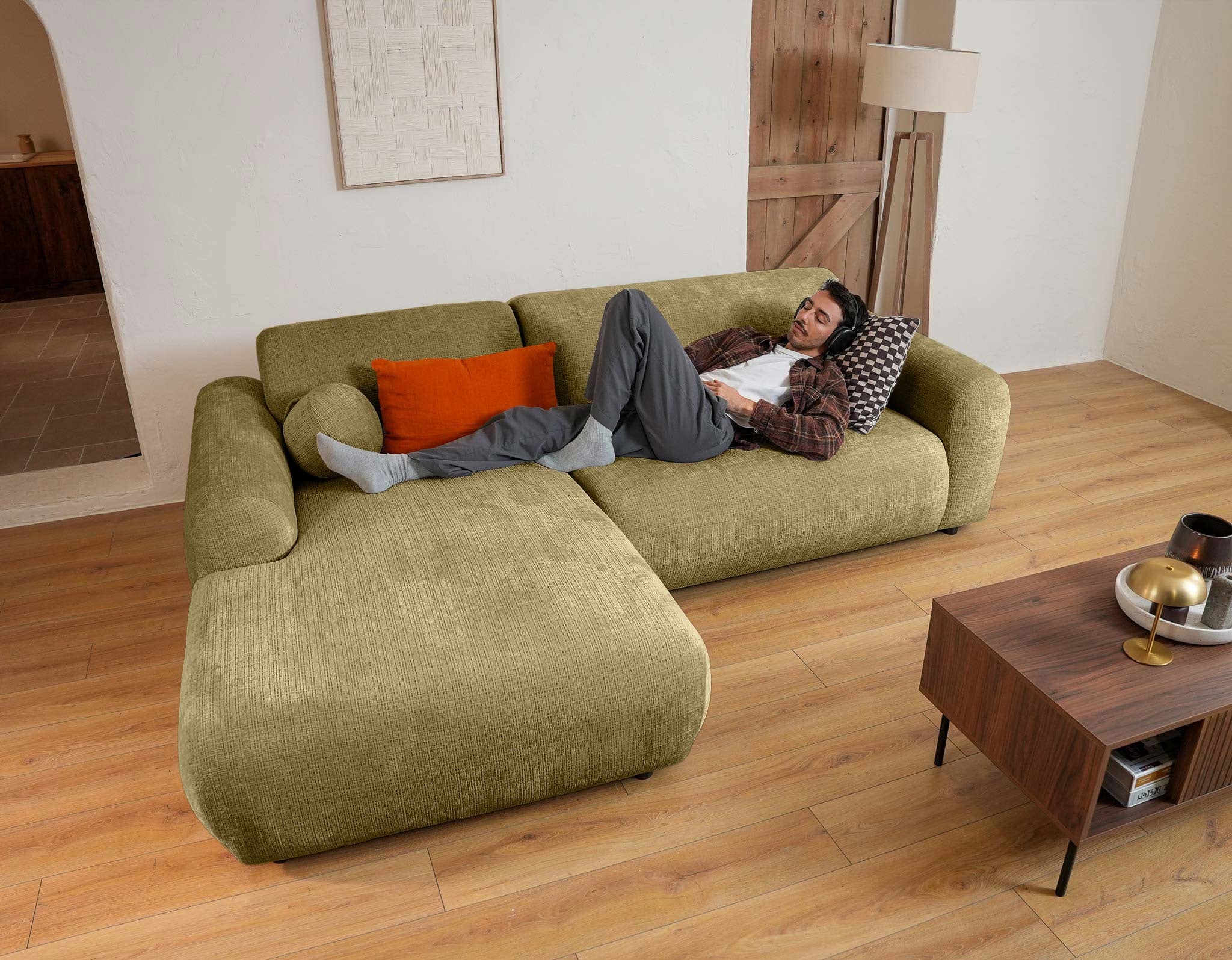 Louise - 4-Seater Corner Sofa - Textured Velvet - Khaki Green