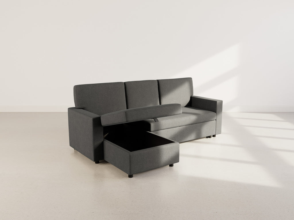 Meiya - Sofá Rinconero Convertible Con Arcón - Tela - Gris Oscuro