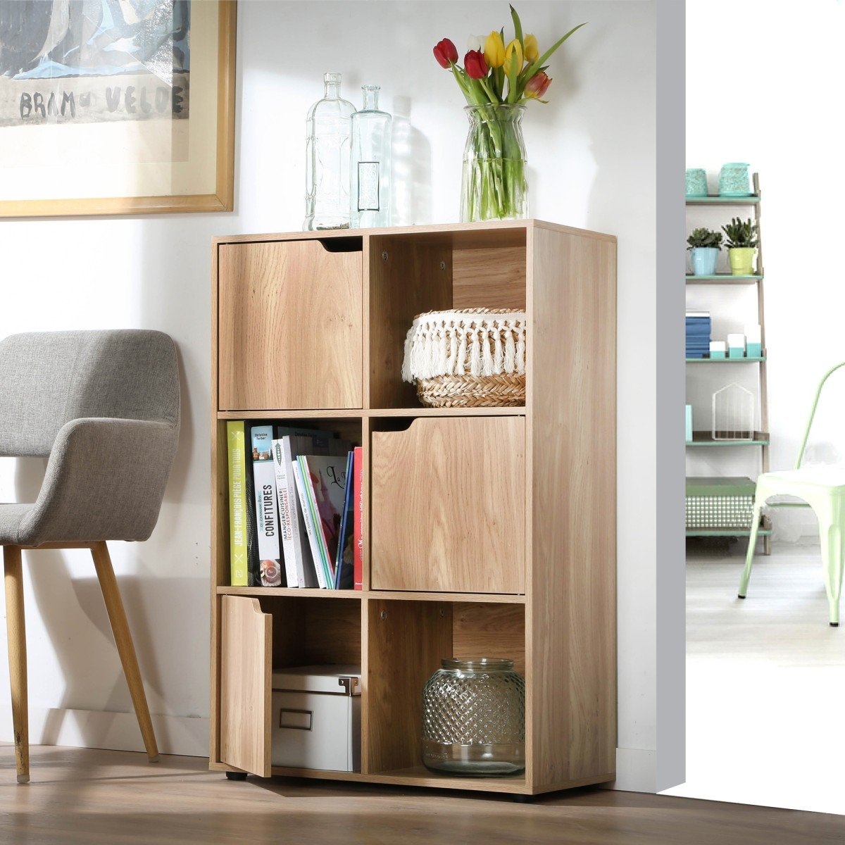 6-Compartment Cabinet with Three Doors - Modu - Wood Finish