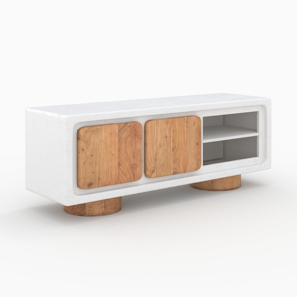 Eden - Meuble Tv En Béton Blanc Cassé Et Bois D'Acacia