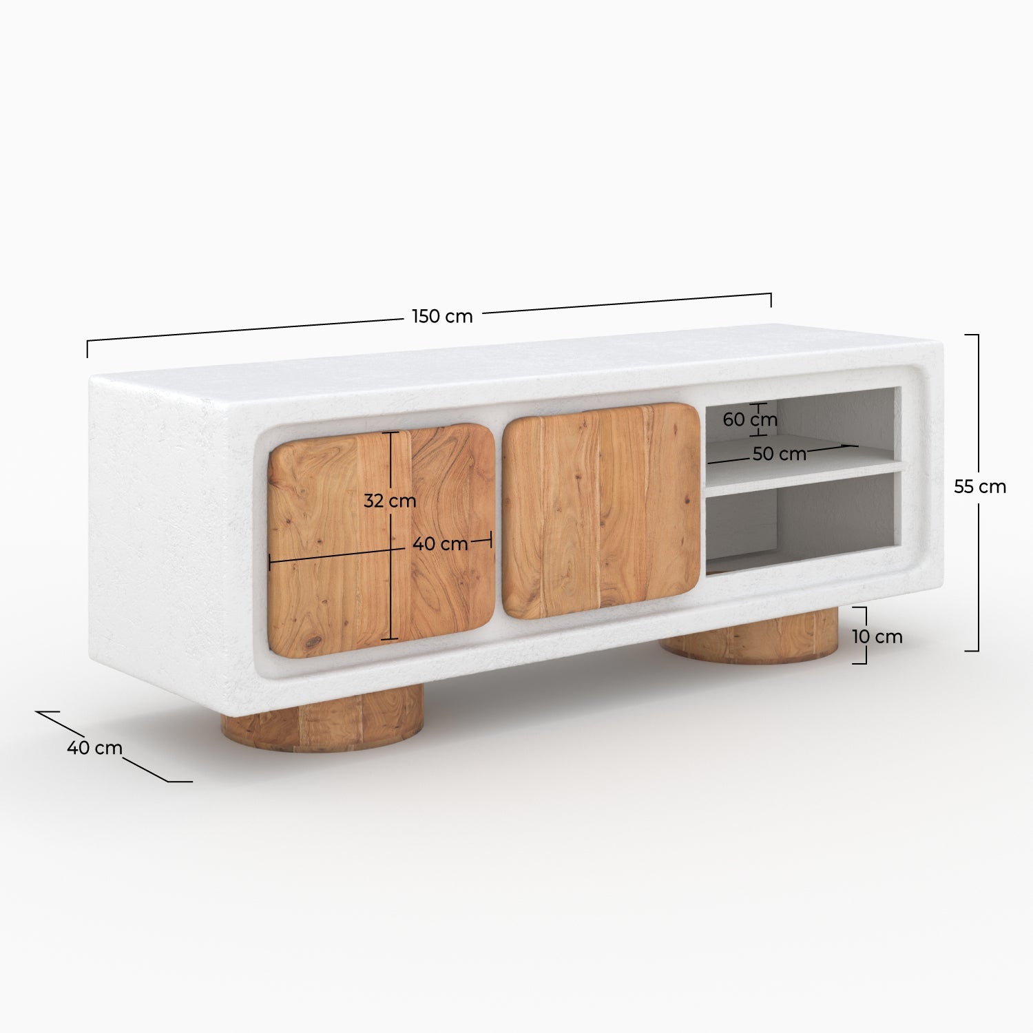 Eden - Meuble Tv En Béton Blanc Cassé Et Bois D'Acacia