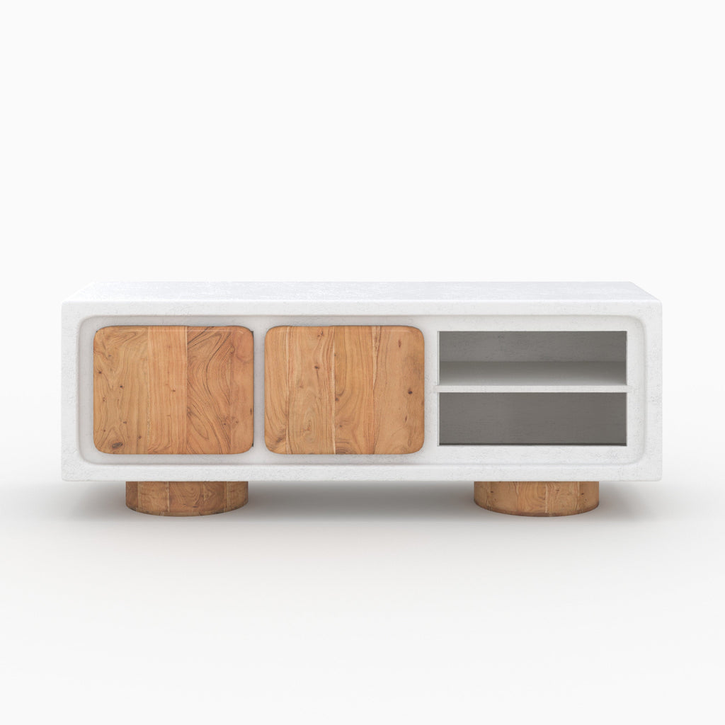Eden - Meuble Tv En Béton Blanc Cassé Et Bois D'Acacia