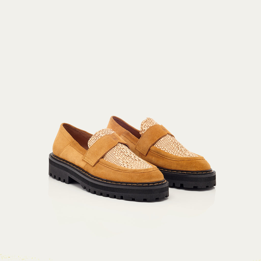 Mocasín Mia De Piel Pecan Y Rafia