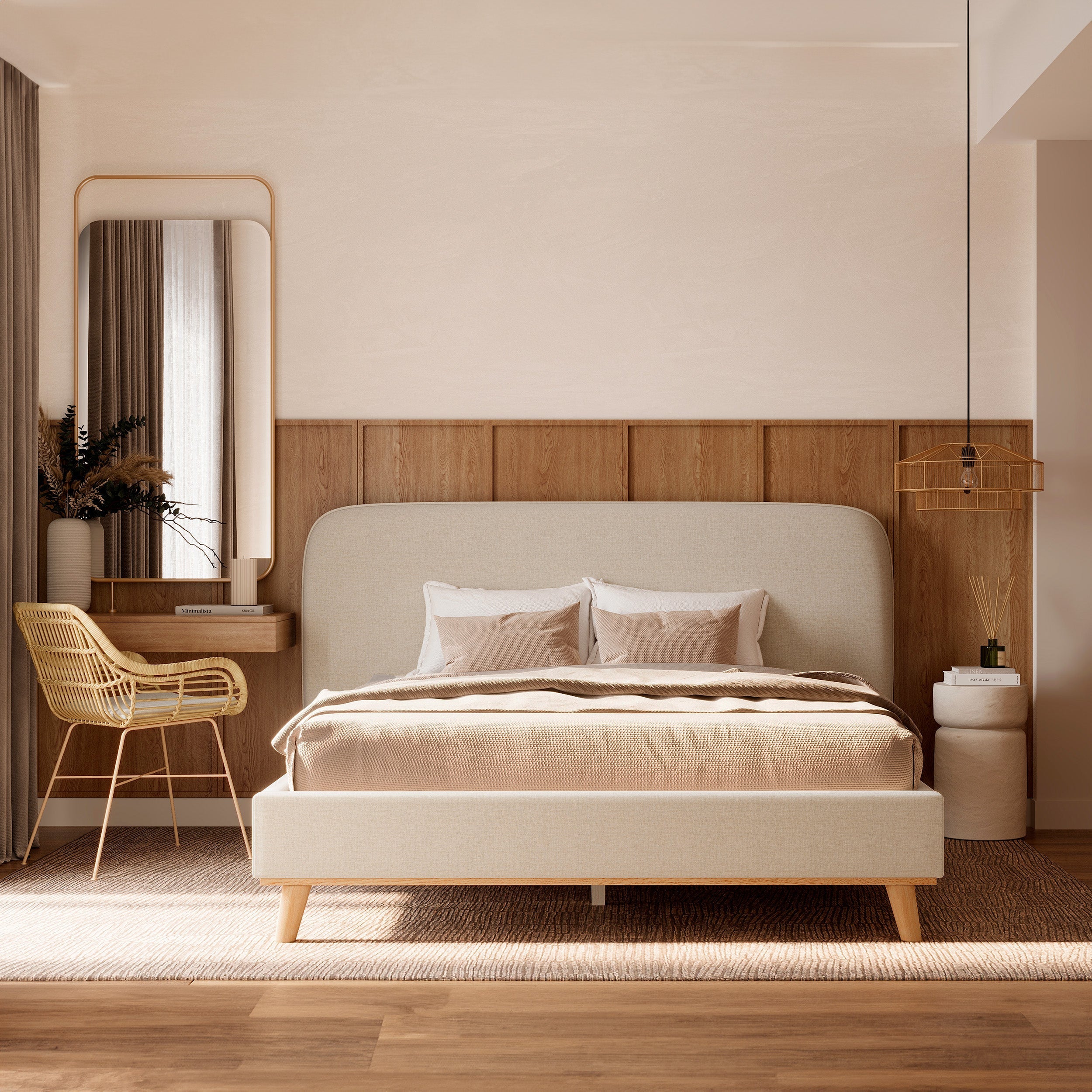 Modjo - Cama doble de tela gris/beige