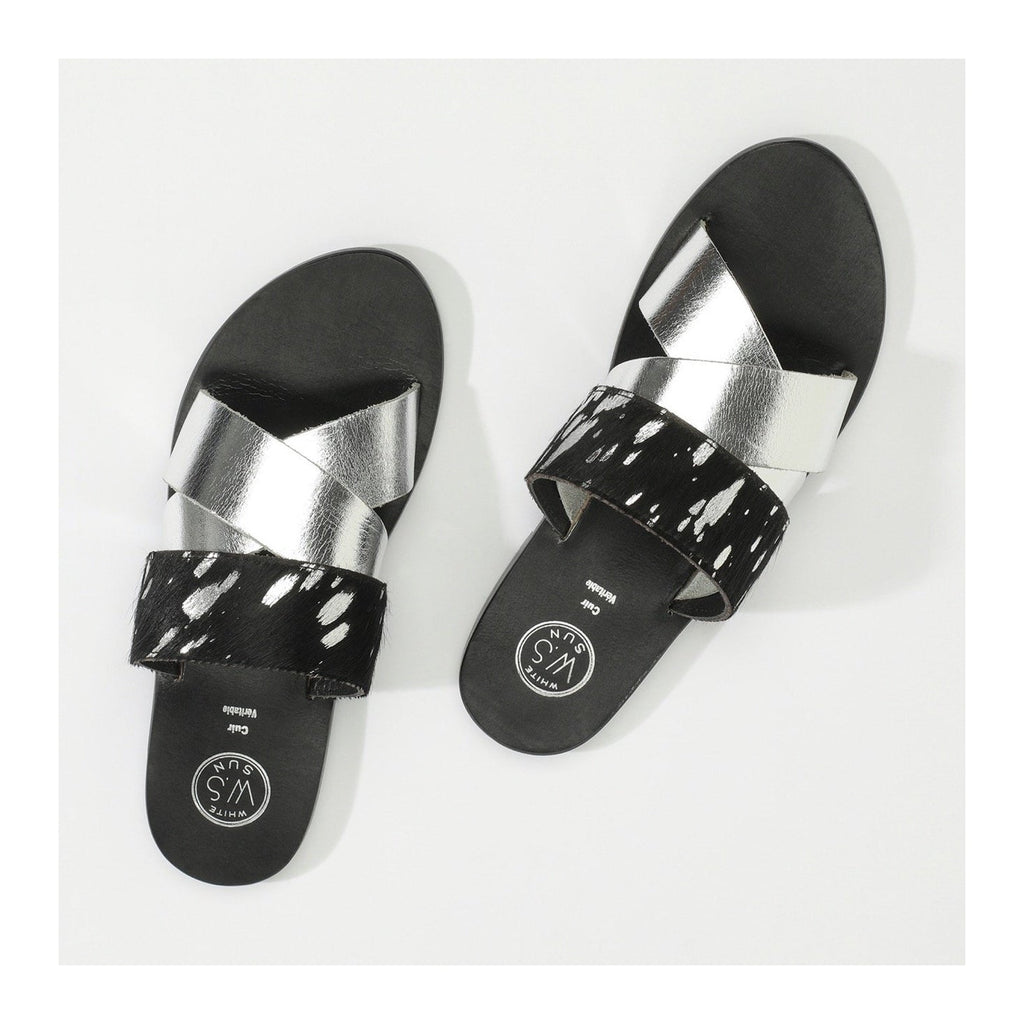 White Sun - Mules Chleo - Argent, Noir Et Feuille D'Argent - Femme