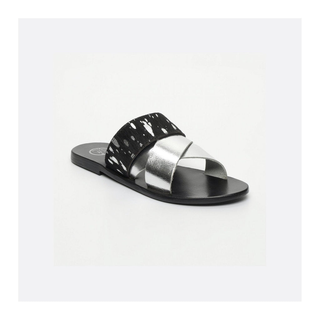 White Sun - Mules Chleo - Argent, Noir Et Feuille D'Argent - Femme