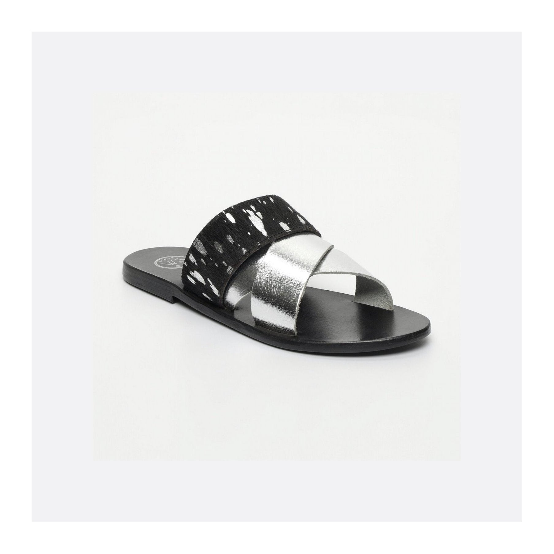 White Sun - Mules Chleo - Argent, Noir Et Feuille D'Argent - Femme