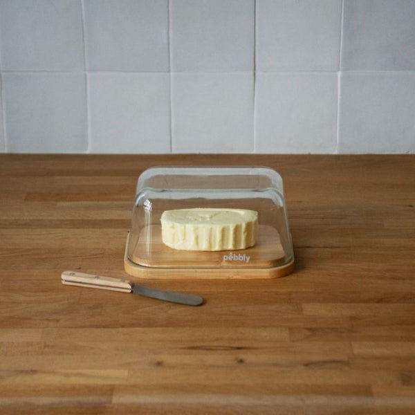 Beurrier En Verre Et Bambou Avec Couteau À Beurre En Inox - Beige