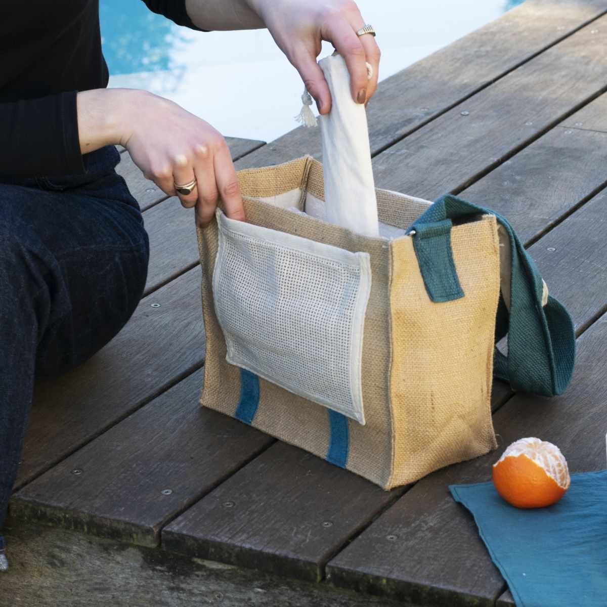 Sac Déjeuner À Bandoulière En Coton Bio - Bleu Canard