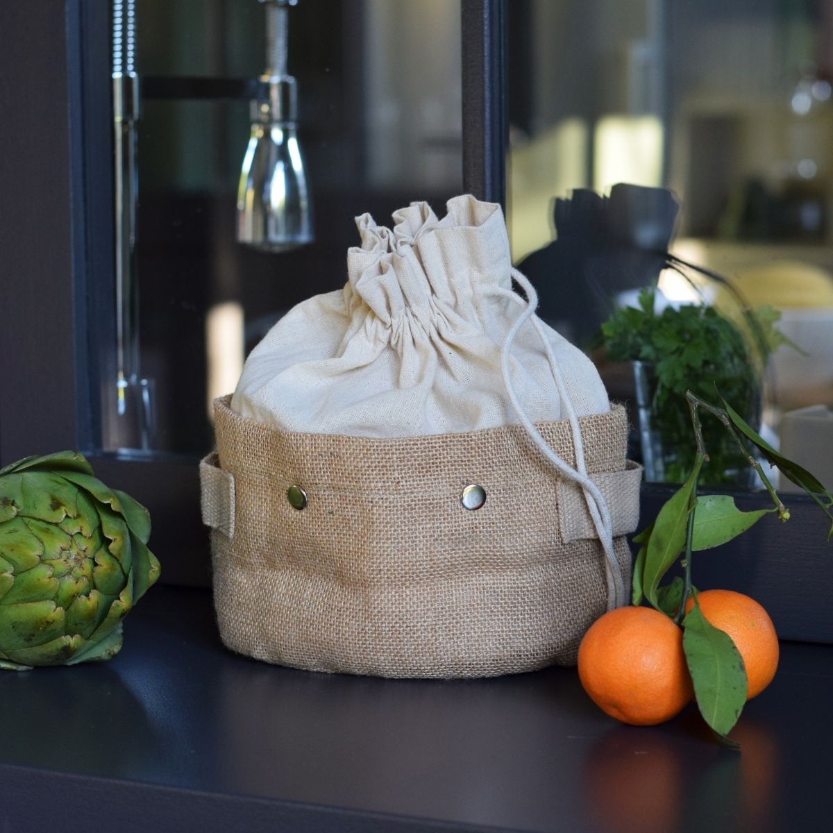 Cesta de almacenamiento extraíble 2 en 1 de algodón orgánico y yute - Beige