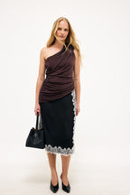 One Shoulder Shiny Top - Brown