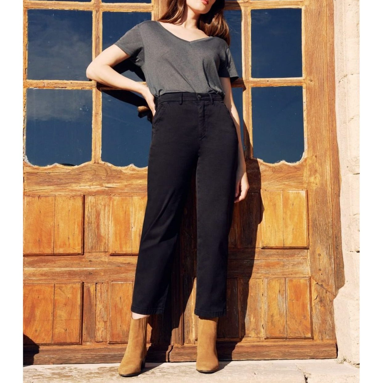 Pantalón chino Sandyhigh recortado de cintura alta - Negro - Mujer