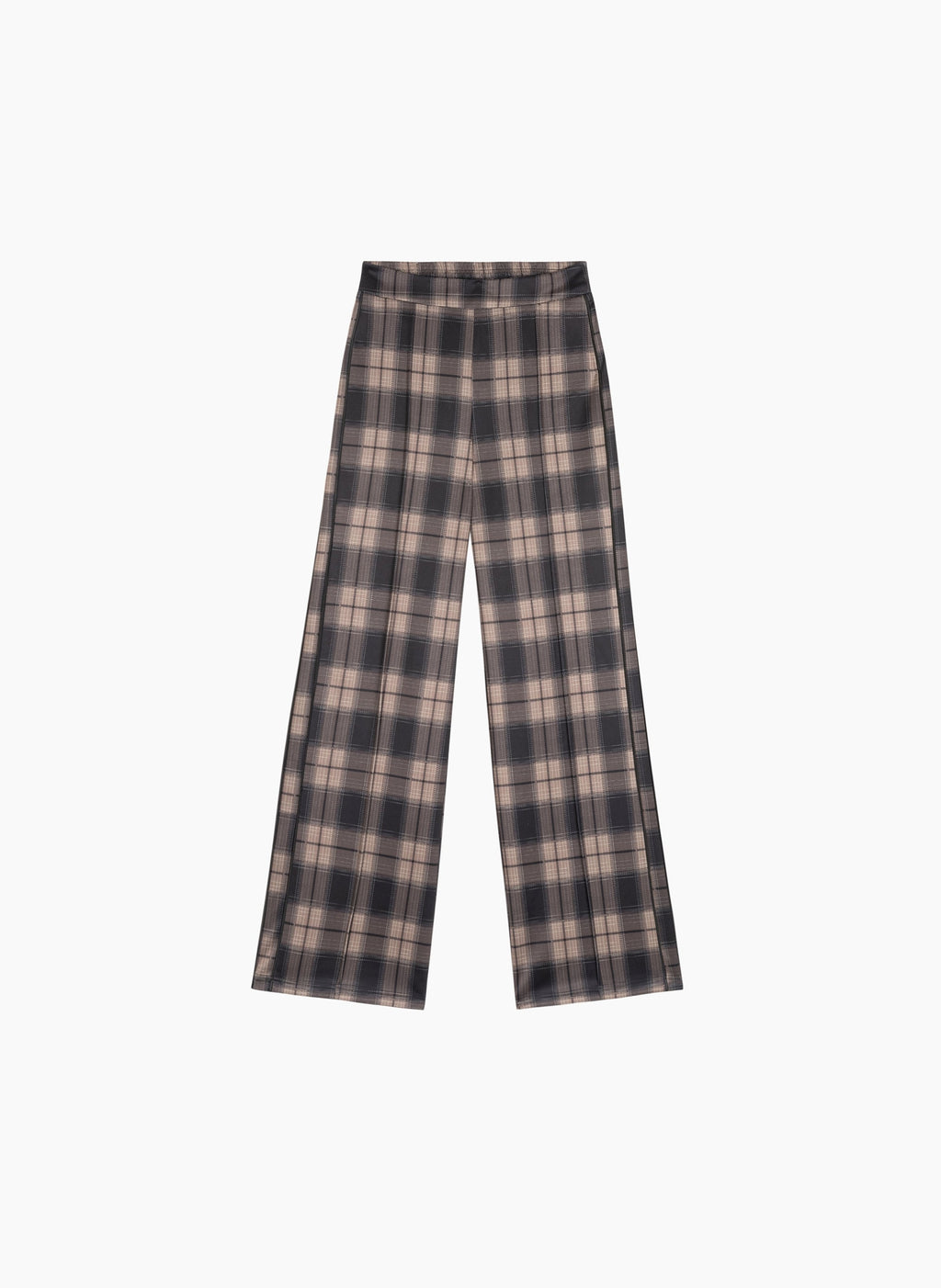 An'ge – Pantalon Patrila Marron, brown and beige checked wide-leg trousers, front view