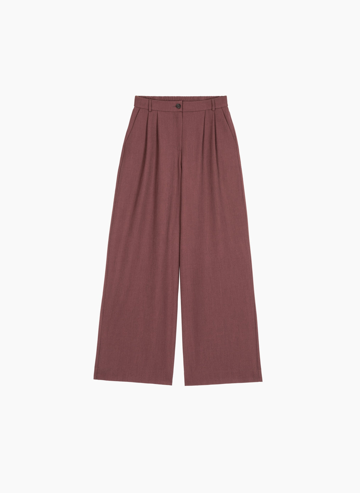 An'ge – Pantaloni Pepina Chocolat, pantaloni ampi a pieghe color bordeaux, vista frontale