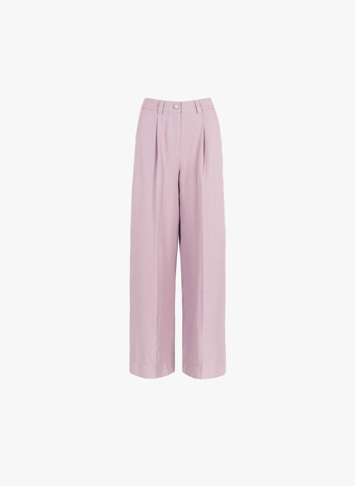 An'ge – Pantaloni Pepinata Lila, pantaloni ampi plissettati rosa pallido, vista frontale su sfondo bianco