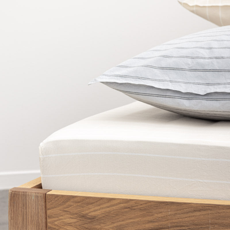 Fitted Sheet - In 300 Thread Count Washed Cotton Percale - White Beige Stripes