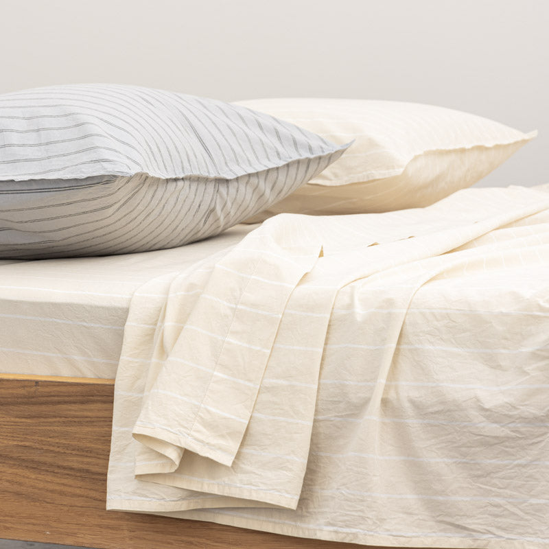 Flat Sheet - In 300 Thread Count Washed Cotton Percale - White Beige Stripes