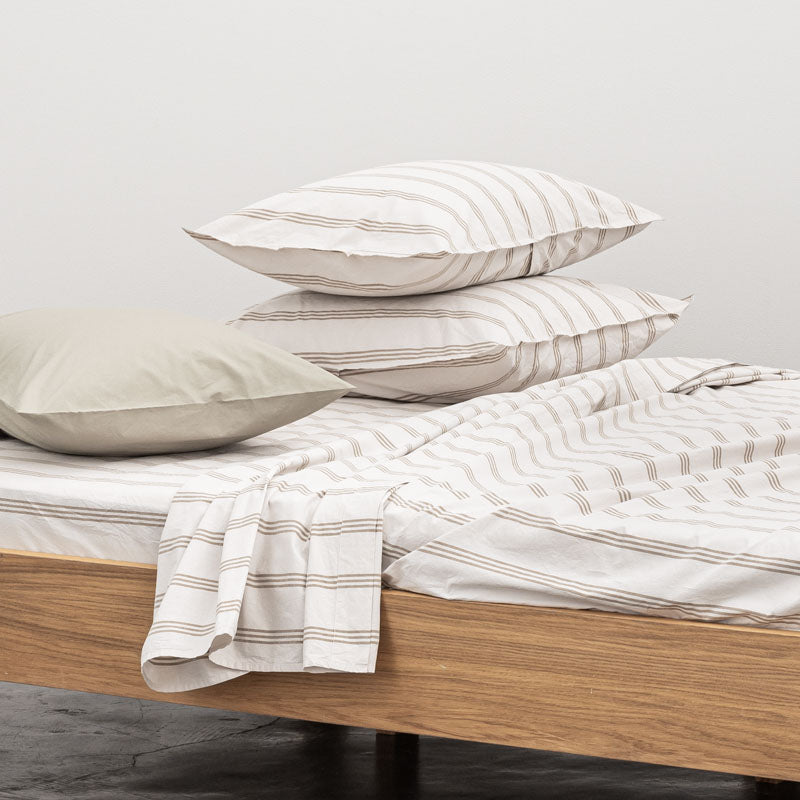 2 Pillowcases - In 300 Thread Count Washed Cotton Percale - Beige Brown Stripes