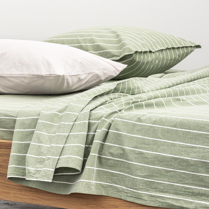 Flat Sheet - In 300 Thread Count Washed Cotton Percale - White Green Stripes