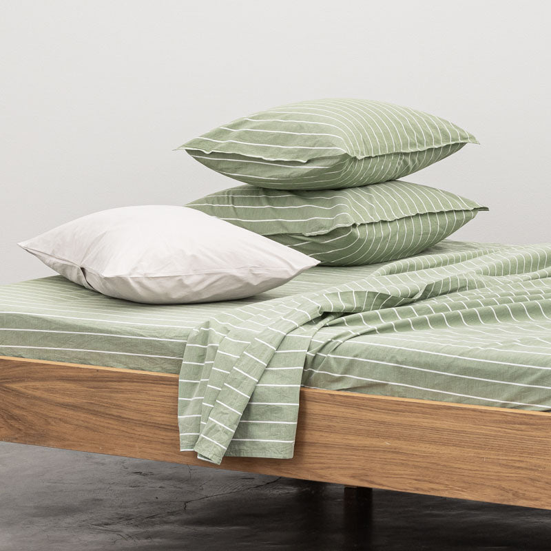 2 Pillowcases - In 300 Thread Count Washed Cotton Percale - White Green Stripes