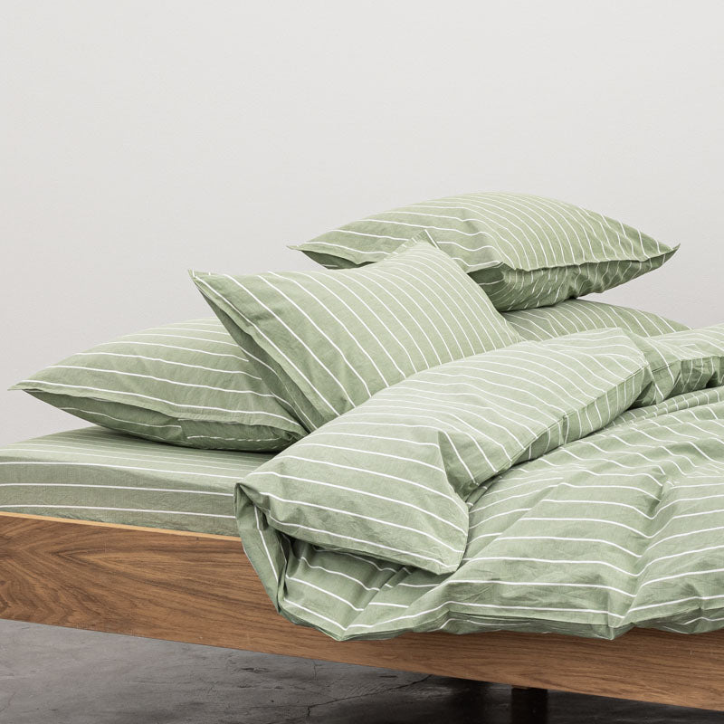 2 Pillowcases - In 300 Thread Count Washed Cotton Percale - White Green Stripes