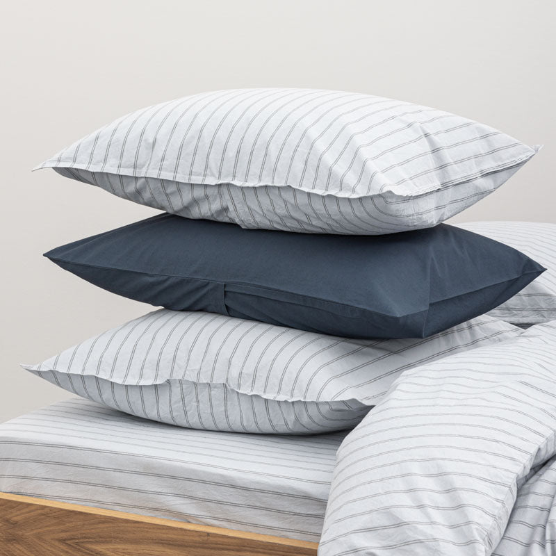 2 Pillowcases - In 300 Thread Count Washed Cotton Percale - Blue Gray Stripes