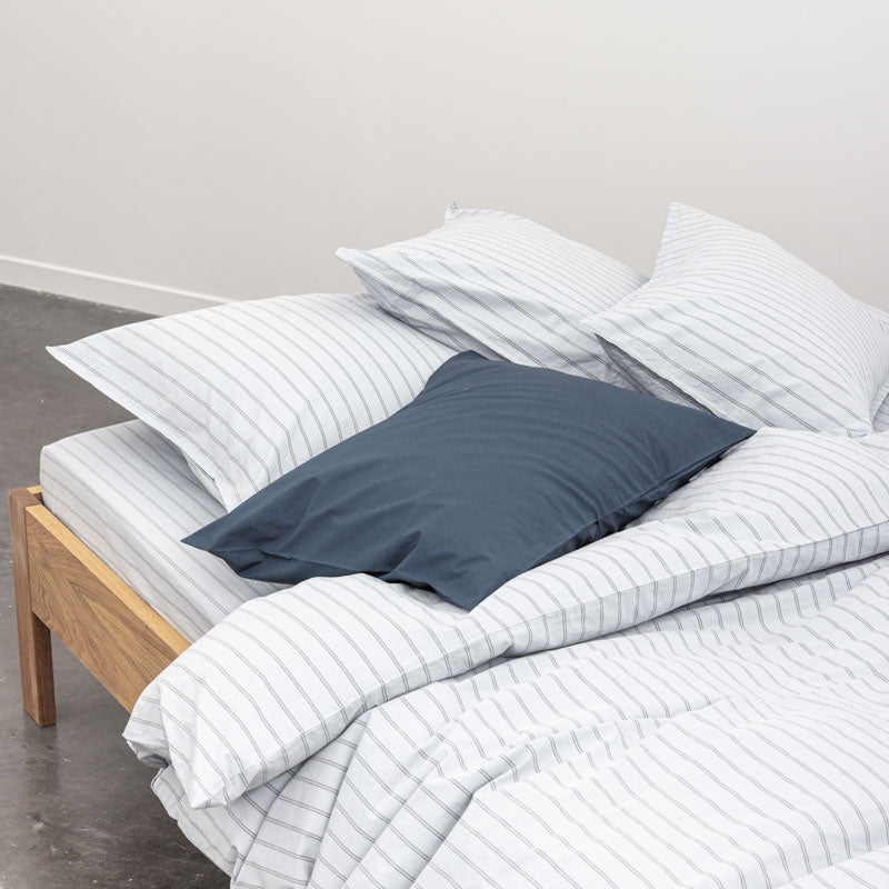 Fitted Sheet - In 300 Thread Count Washed Cotton Percale - Blue Gray Stripes