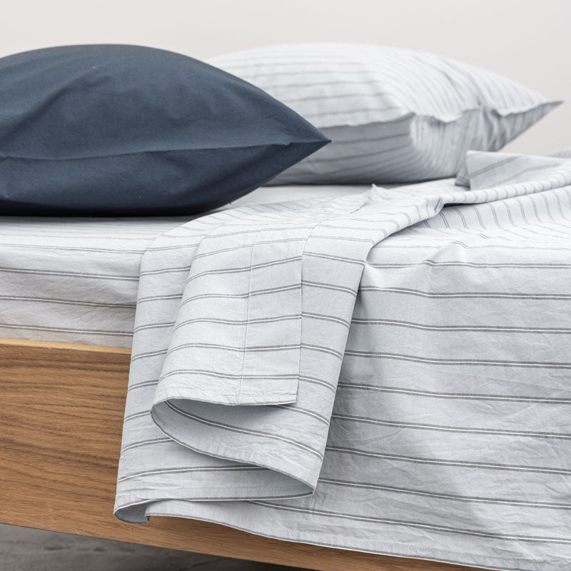 Flat Sheet - In 300 Thread Count Washed Cotton Percale - Blue Gray Stripes