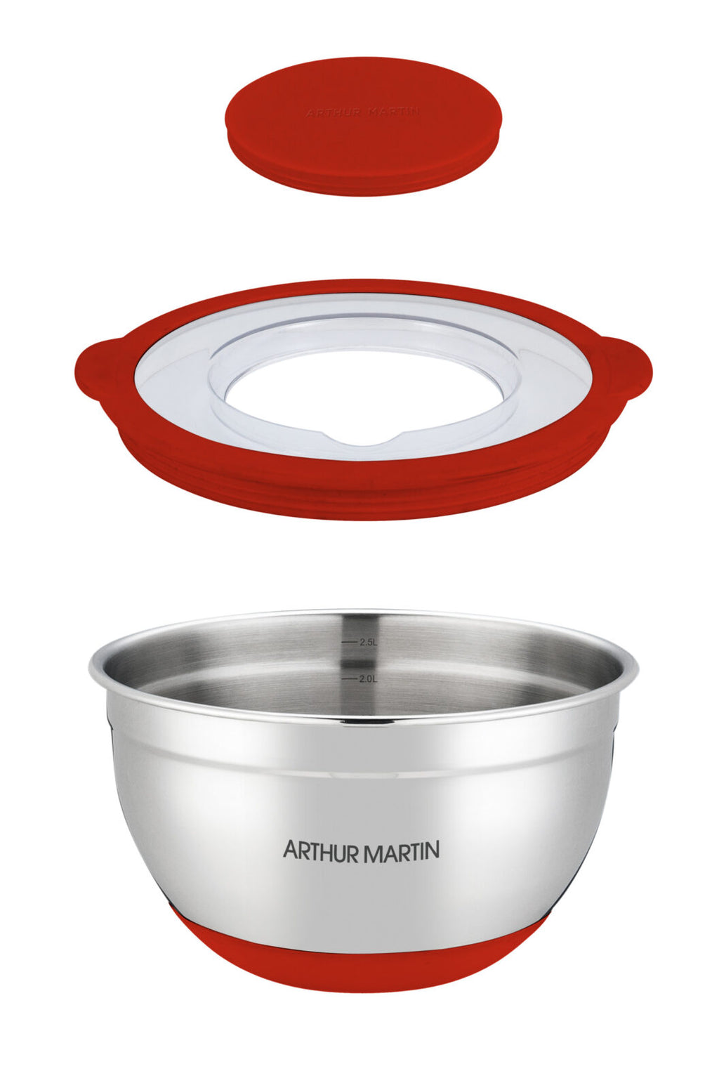 Set of 3 Mixing Bowls 16/20/24cm - Stainless Steel - Red
