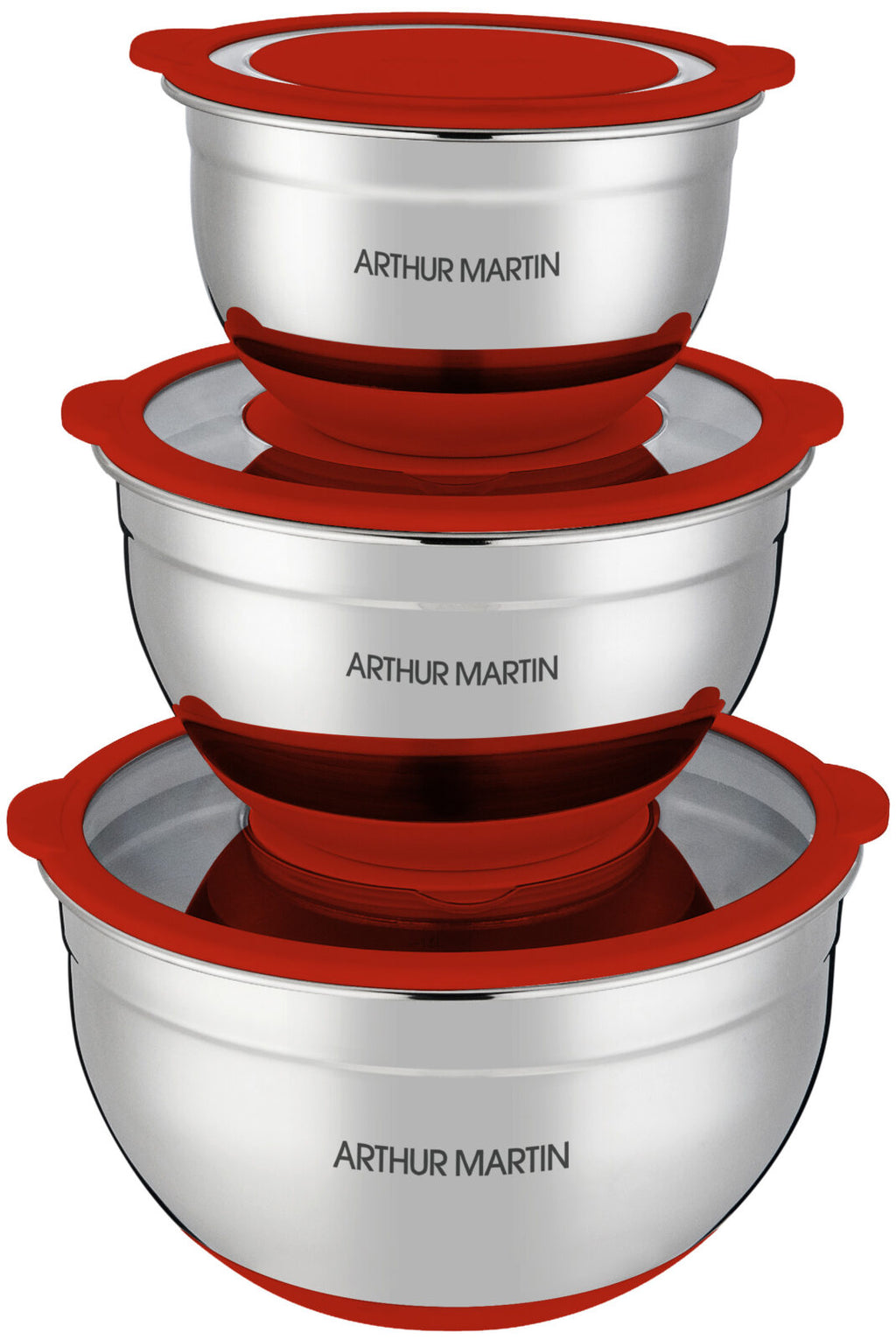Set of 3 Mixing Bowls 16/20/24cm - Stainless Steel - Red