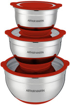 Set of 3 Mixing Bowls 16/20/24cm - Stainless Steel - Red