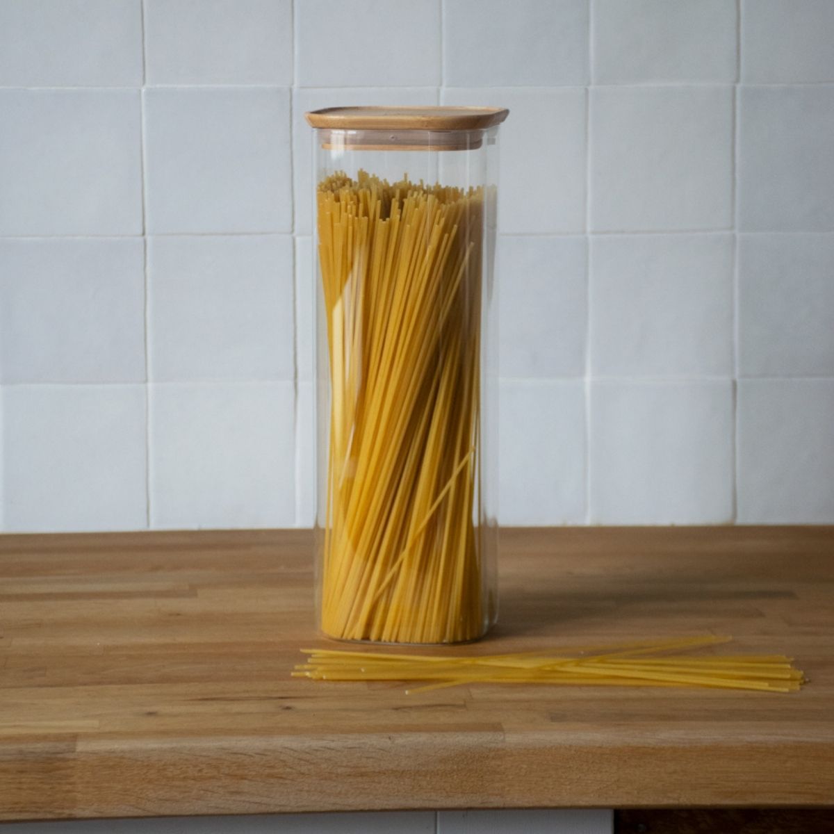 Tall Square Glass And Bamboo Food Storage Container - Clear