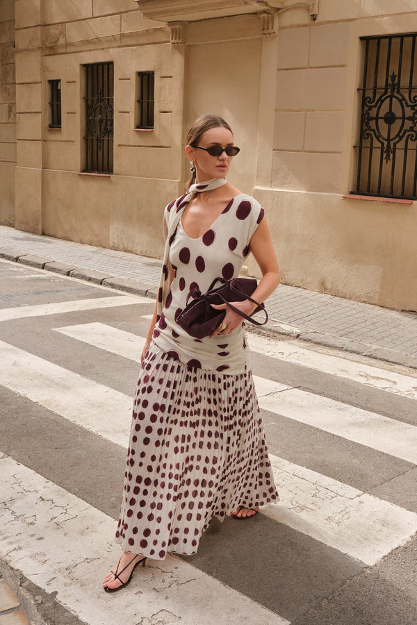 Pleated Skirt Maxi Dress With Scarf-All Over Print