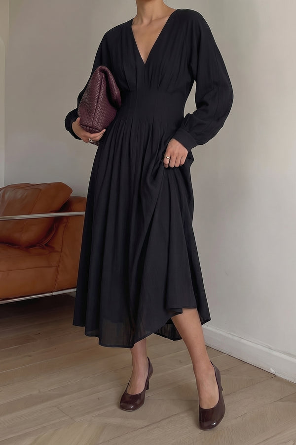 Pleated Waist V Neck Midi Dress-Black