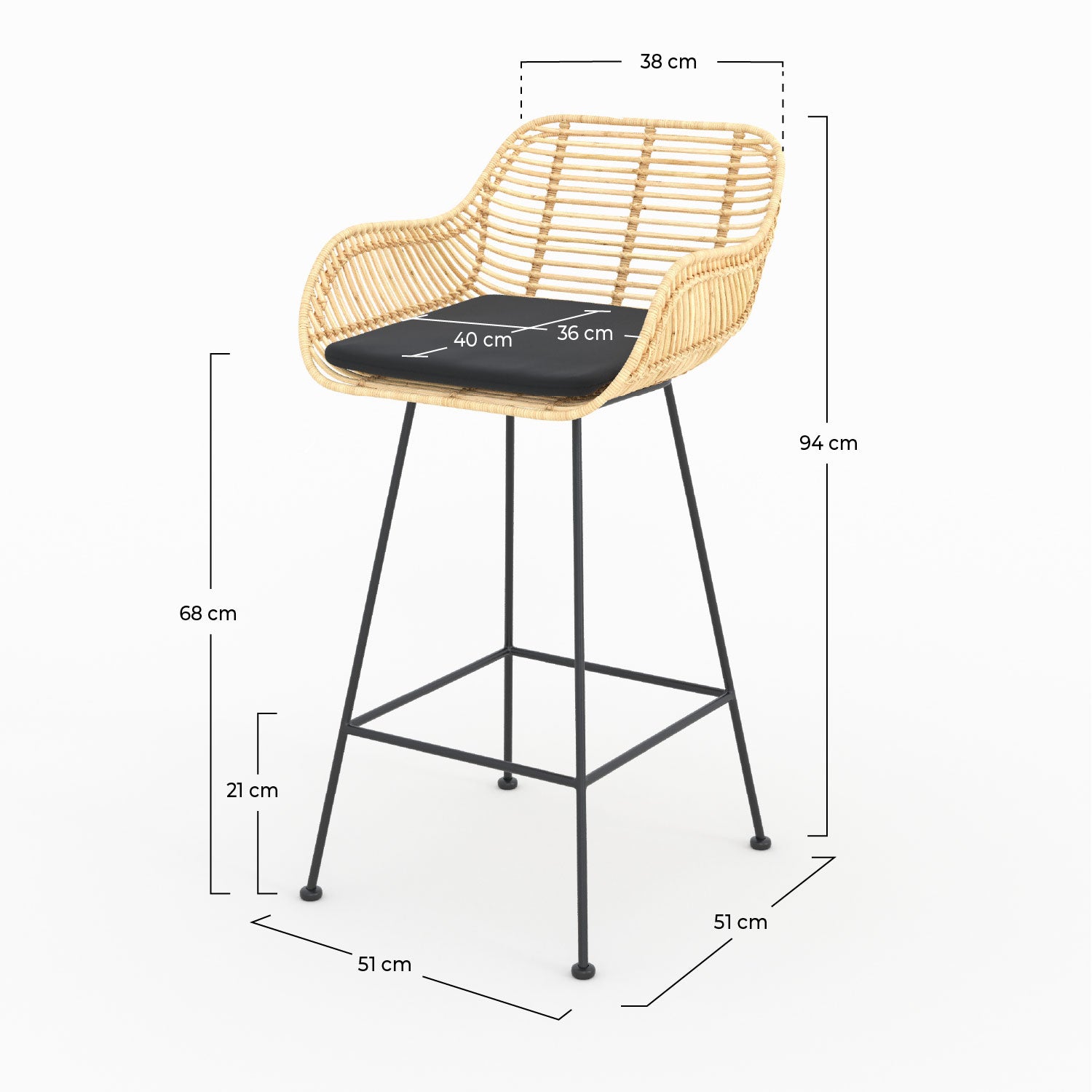 Pops - Lot De 2 Chaises Pour Îlot Central En Rotin Et Tissu Noir