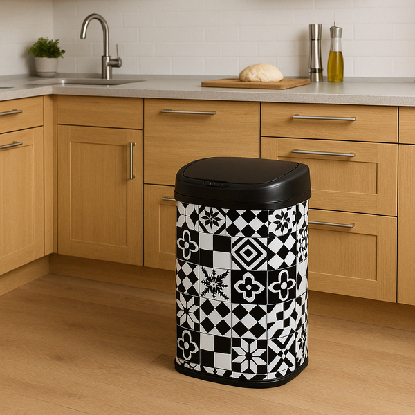 Papelera automática de cocina 58L MAJESTIC Baldosa hidráulica negra en acero inoxidable con flejes