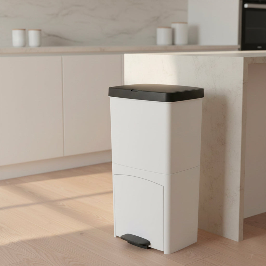 Picea - Cubo con pedal para reciclaje selectivo 70L - Blanco