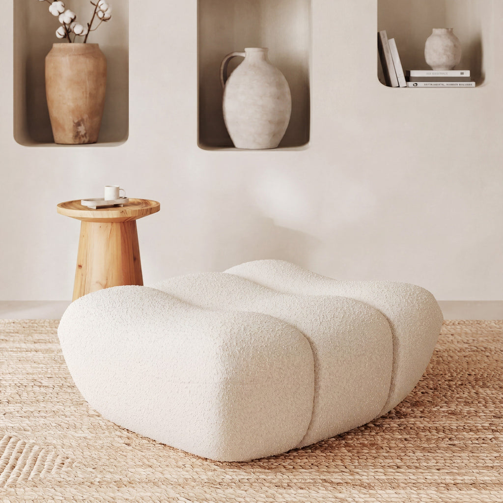 Teddy - Pouf Repose-Pieds En Tissu Bouclé Blanc