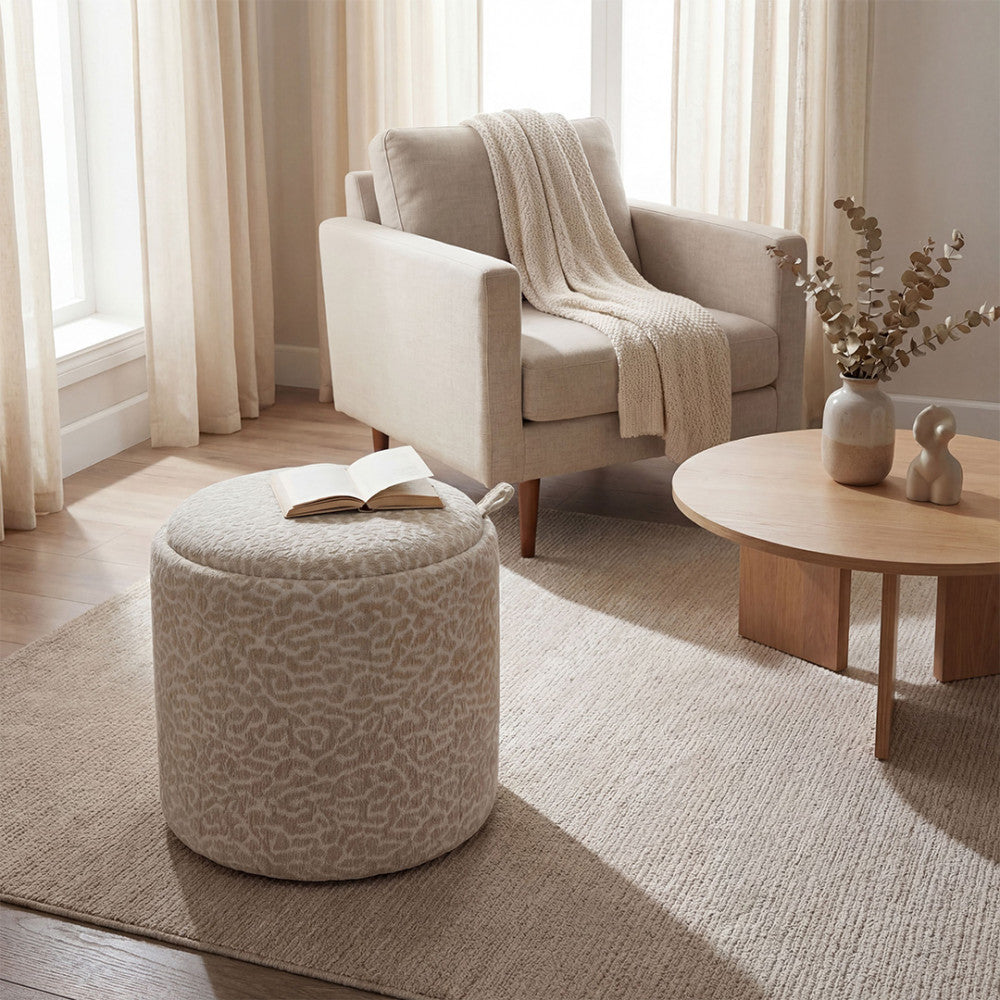 Zoé - Pouf Contenitore Con Stampa Leopardata Convertibile In Tavolino Da Salotto - Beige