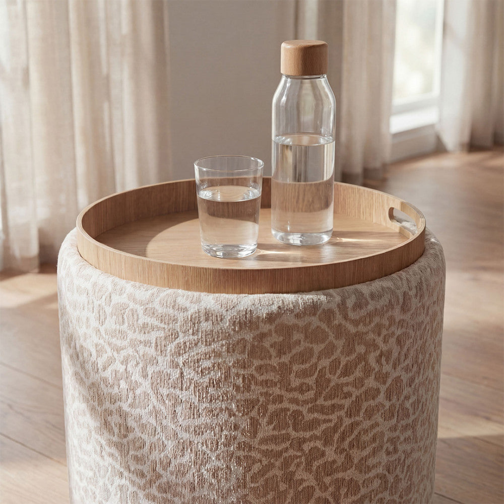 Zoé - Pouf Contenitore Con Stampa Leopardata Convertibile In Tavolino Da Salotto - Beige
