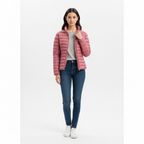 Jott – Cha Down Jacket - Pink - Women, model wearing a pink down jacket, a grey t-shirt and blue jeans