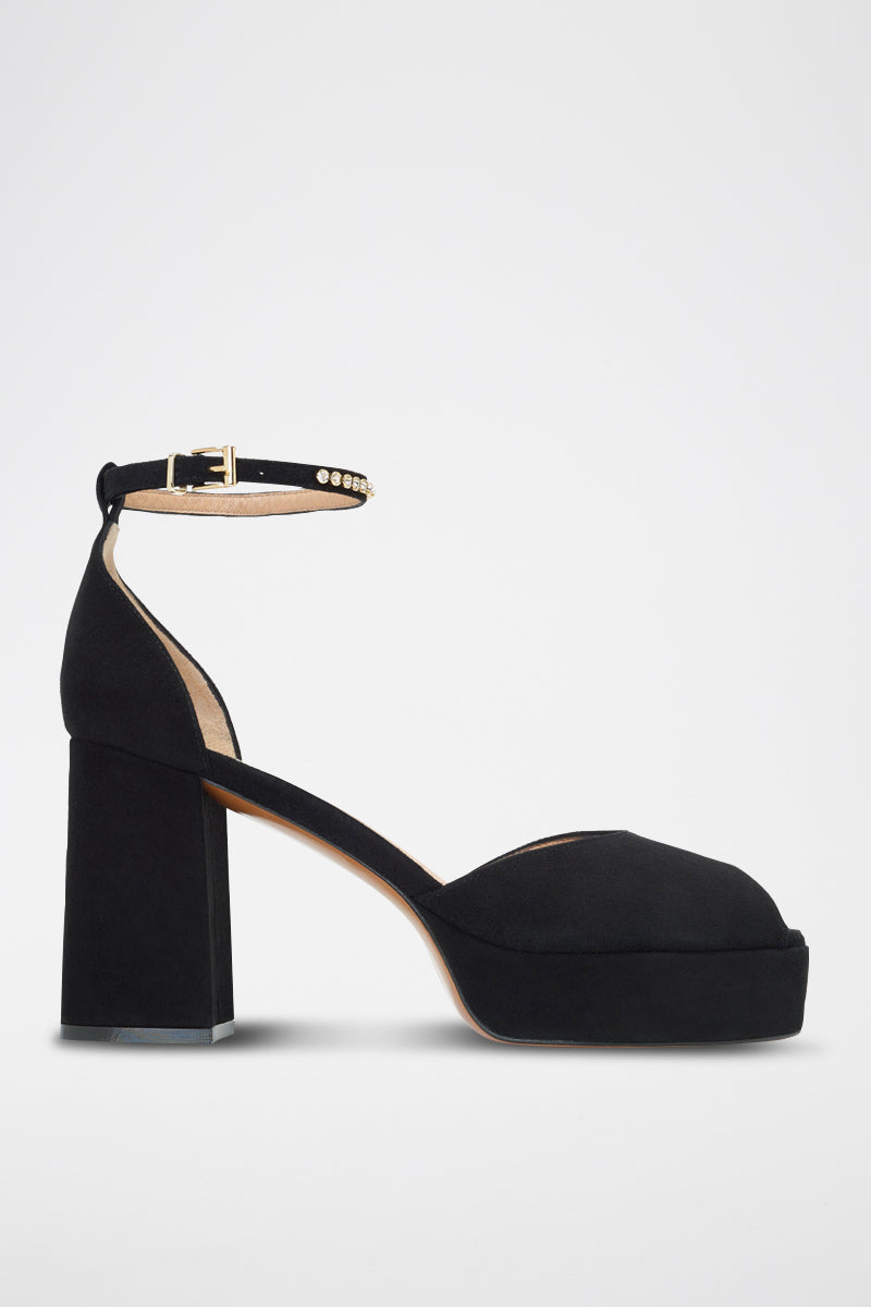 Sandalias De Tacón En Cuero De Cabra - Negro