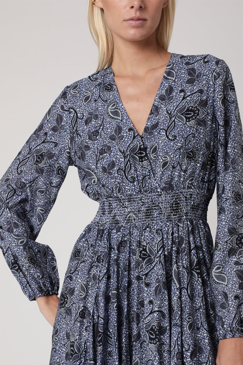 Berenice - Robe Longue Imprimé Smock Taille - Santorini