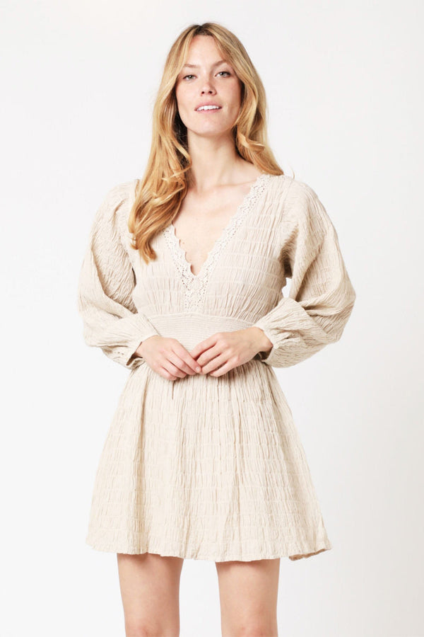 Berenice - Short Plain Embroidered Dress - Beige