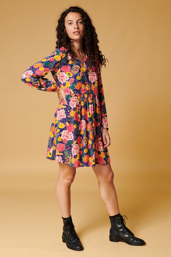 Karl Marc John - Vestido Trapecio Ruken - Azul Marino y Coral