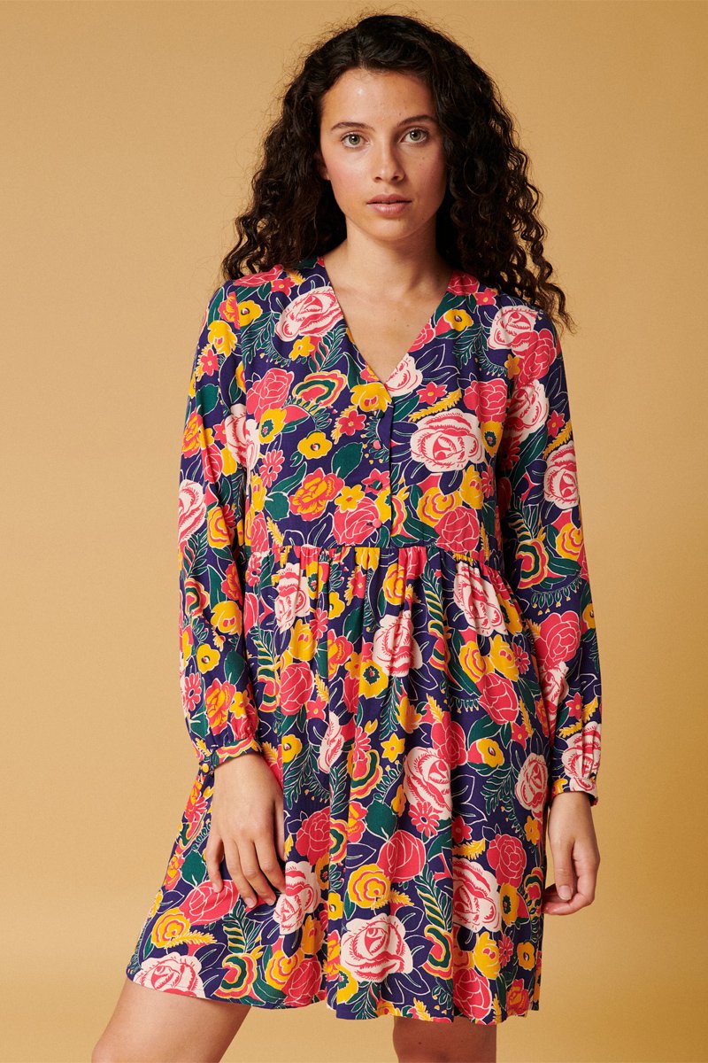 Karl Marc John - Vestido Trapecio Ruken - Azul Marino y Coral