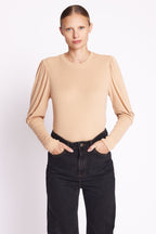 Camiseta Cuello Redondo Ml Manga Plisada - Camel