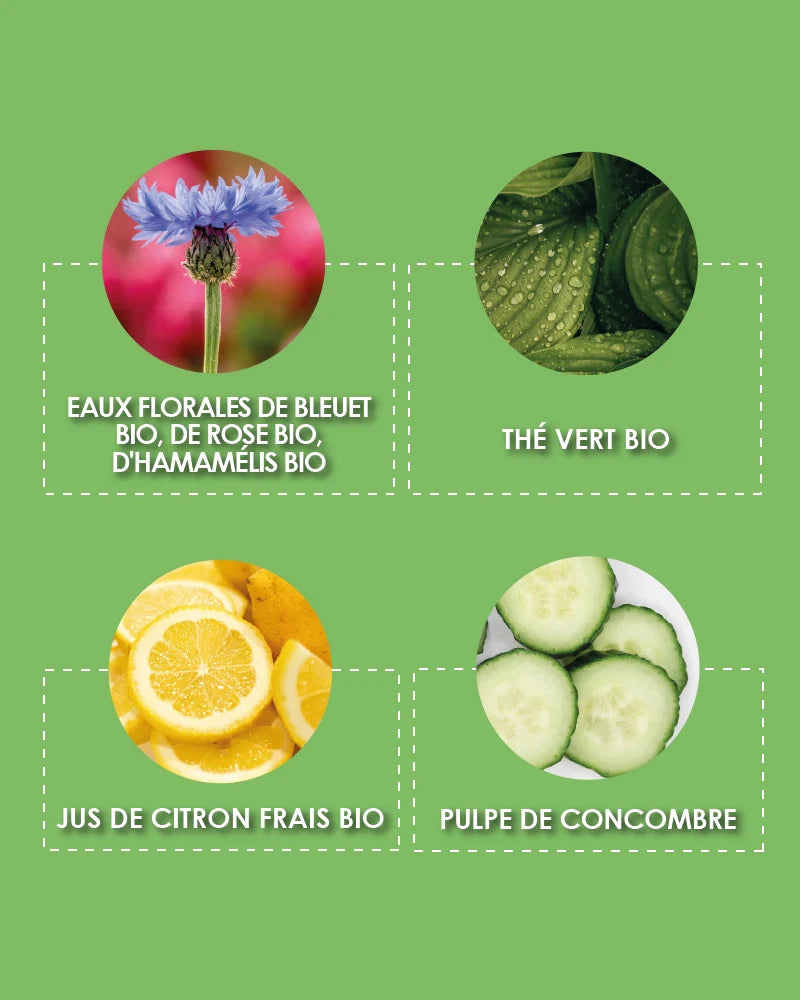 Infographic of the natural active ingredients of Pschitt Magique Garancia including organic cornflower, rose and witch hazel floral waters, organic green tea, fresh organic lemon juice and cucumber pulp.