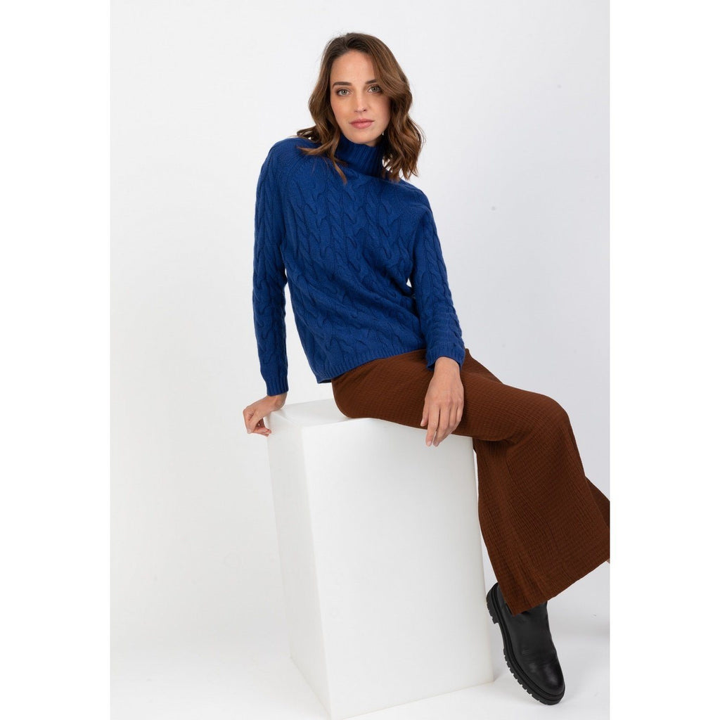 Perfect Cashmere - Jersey de Cuello Alto Mairead Azul Petróleo, 100% Cachemira, 6 Hilos, Trenzado, 396Gr - Mujer